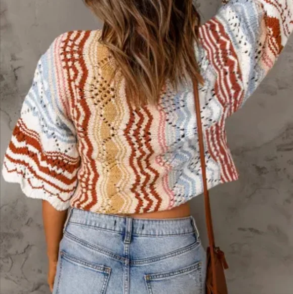 New Multicolor Stripe Knit Hollow Out Drop Shoulder Sweater - Picture 2 of 12